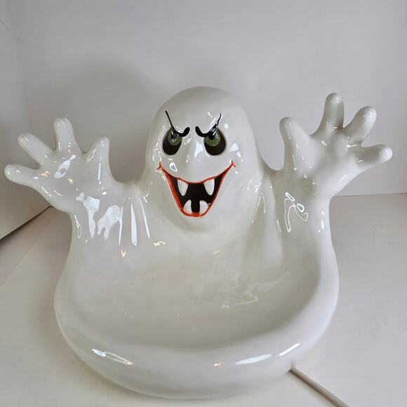 Light-Up Ceramic Ghost Candy Dish Halloween Decor SC Signed 12"x9"x9" - Picture 1 of 16
